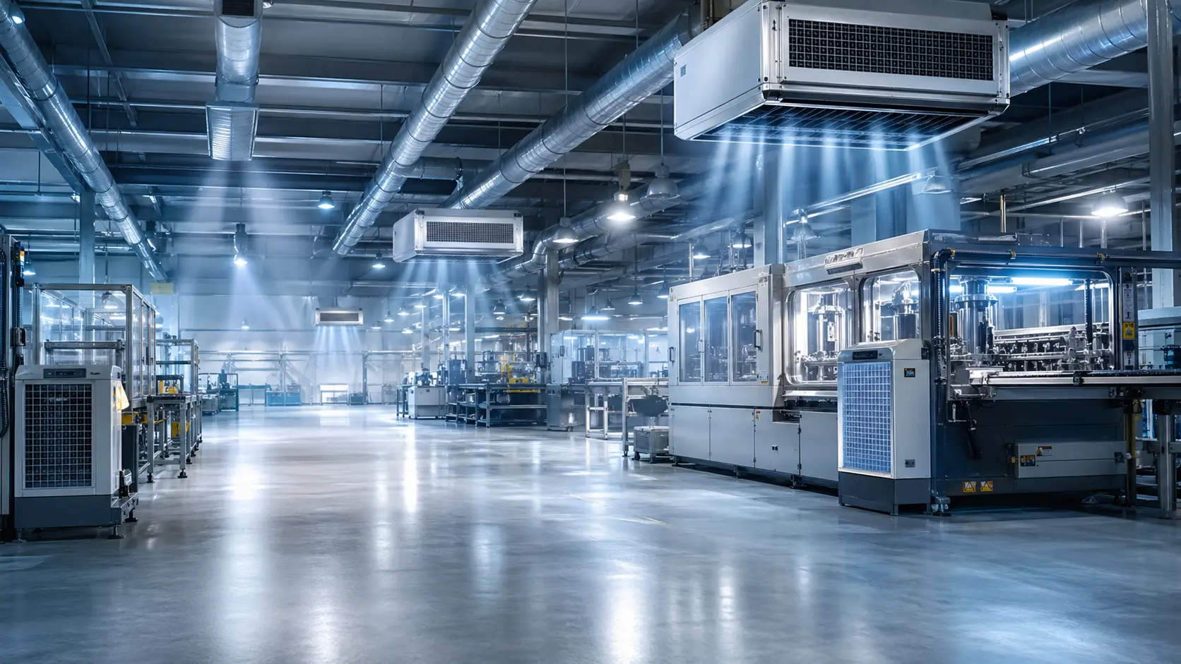 Industrial filtration systems in a modern manufacturing facility, clean aesthetic, cool blue lighting